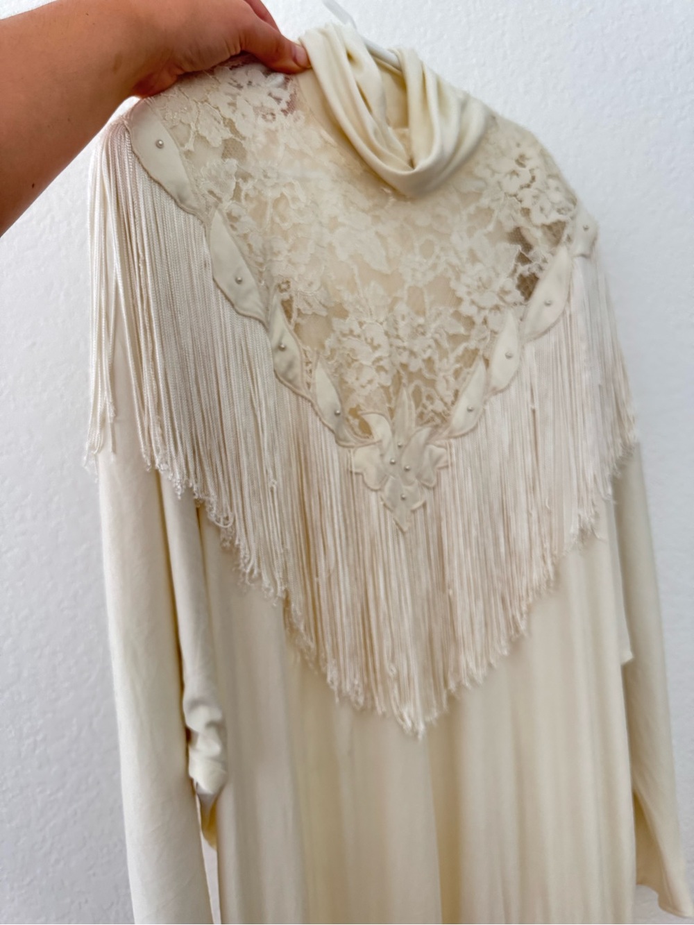 80’s Does Ivory Lace Fringe Long-Sleeve Dress with Draped Neckline